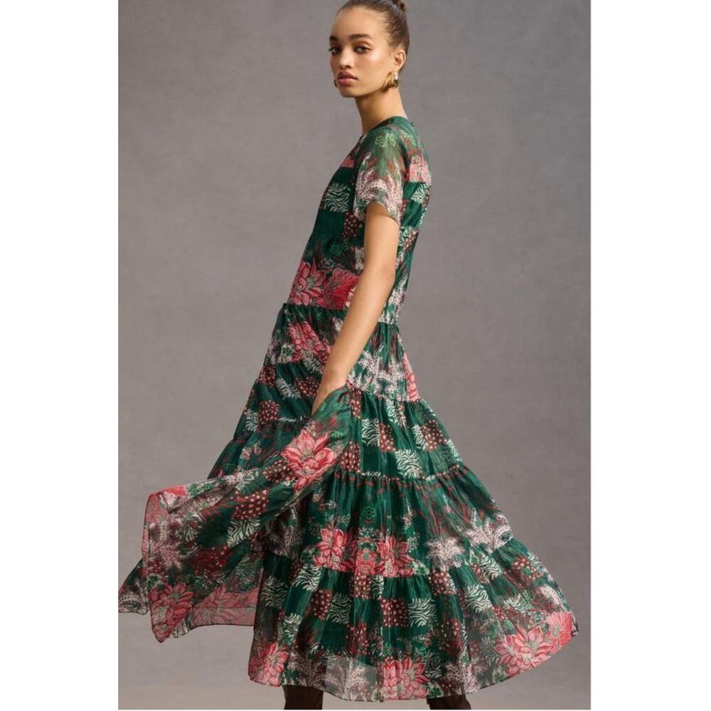 NEW Anthropologie Bhanuni Jyoti Tiered Short-Sleeve Dress Size XXS Green Maxi - Picture 5 of 10